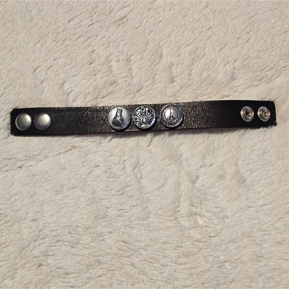 Black Leather Bracelet with Silver Charms
